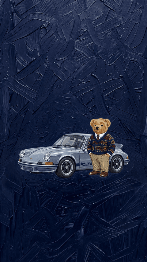Teddy Bear in Trench Coat Standing Beside Silver Porsche
