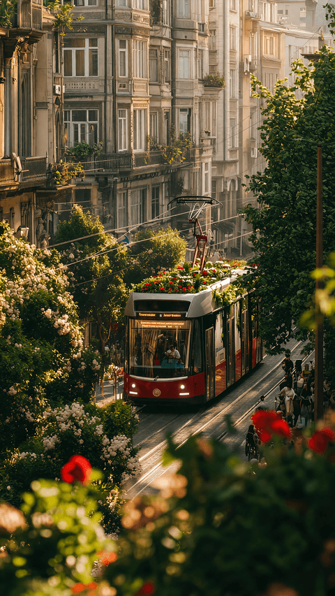 Vintage European Street & Classic Yellow Tram