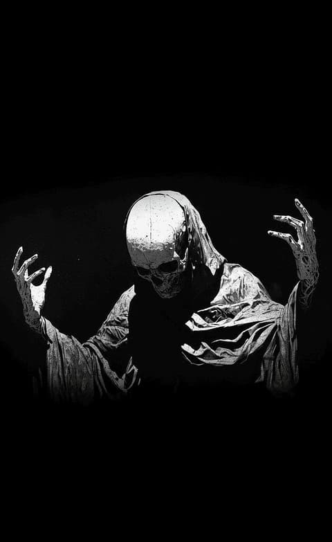 Grayscale Skeleton Hands Raised