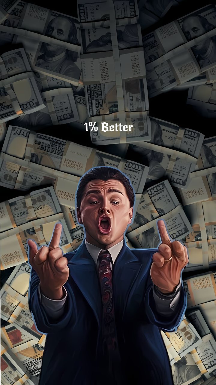 Illustrated suited man holding up two fingers beneath falling dollar bills, with the centered text “1% Better.”