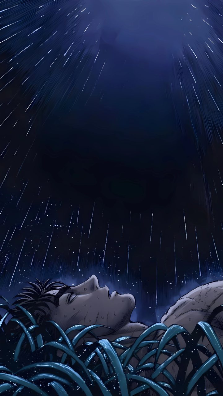An anime character lies among glossy blue grass, looking upward as bright rain streaks fall through a dark blue night sky.