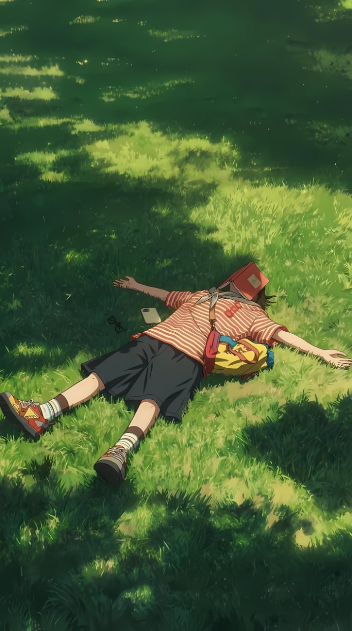 Anime figure lying on sunlit grass with arms spread, wearing a striped shirt, dark shorts, sneakers, and a red crossbody bag.