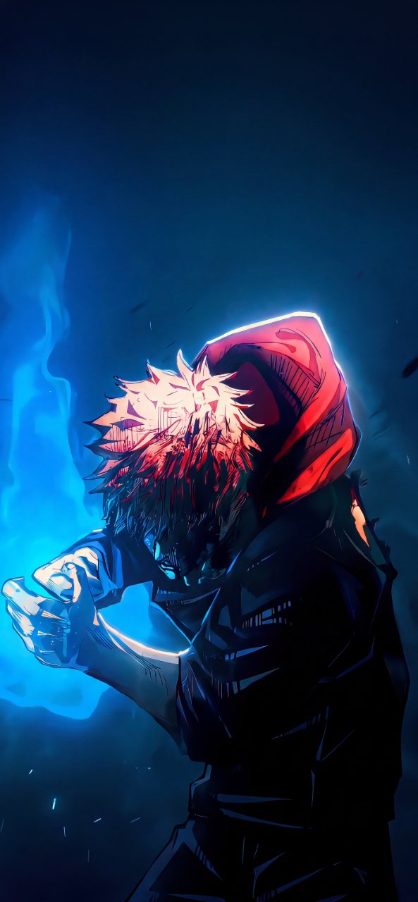 Anime-style hooded figure with spiky light hair, red hood, dark clothing, and a bright blue aura against a deep blue background.