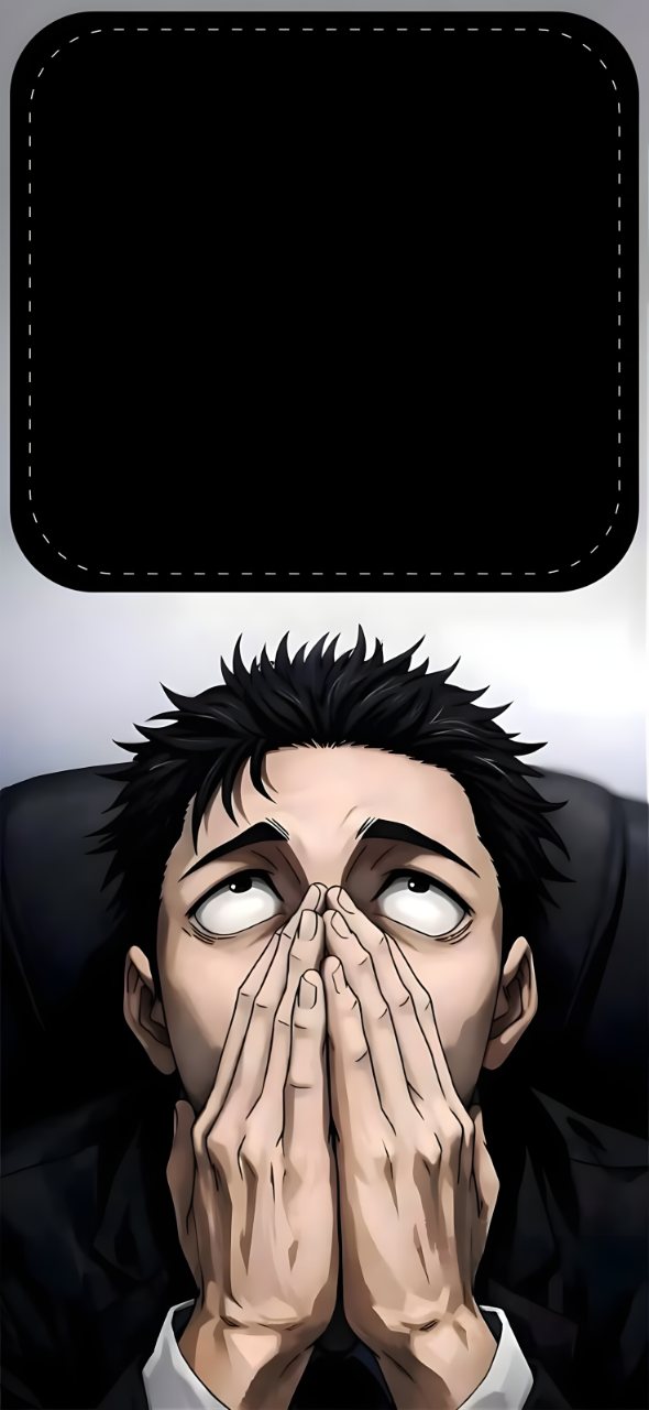 Anime-style dark-haired man covers his face with both hands beneath a large black rounded rectangle on a stark white background.