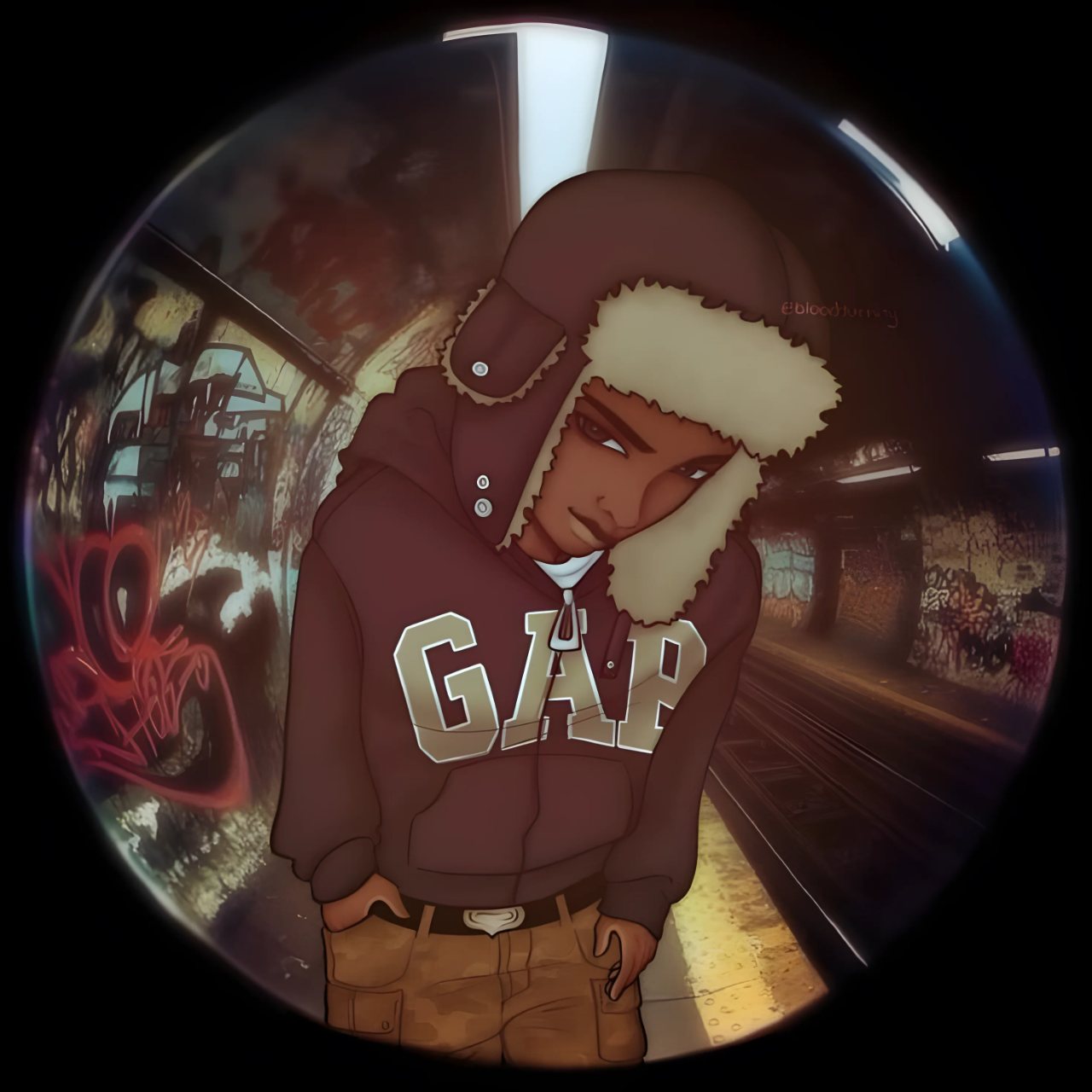 Stylized anime character in a fur-lined brown jacket with GAW lettering, posed against a dark graffiti-covered urban background.