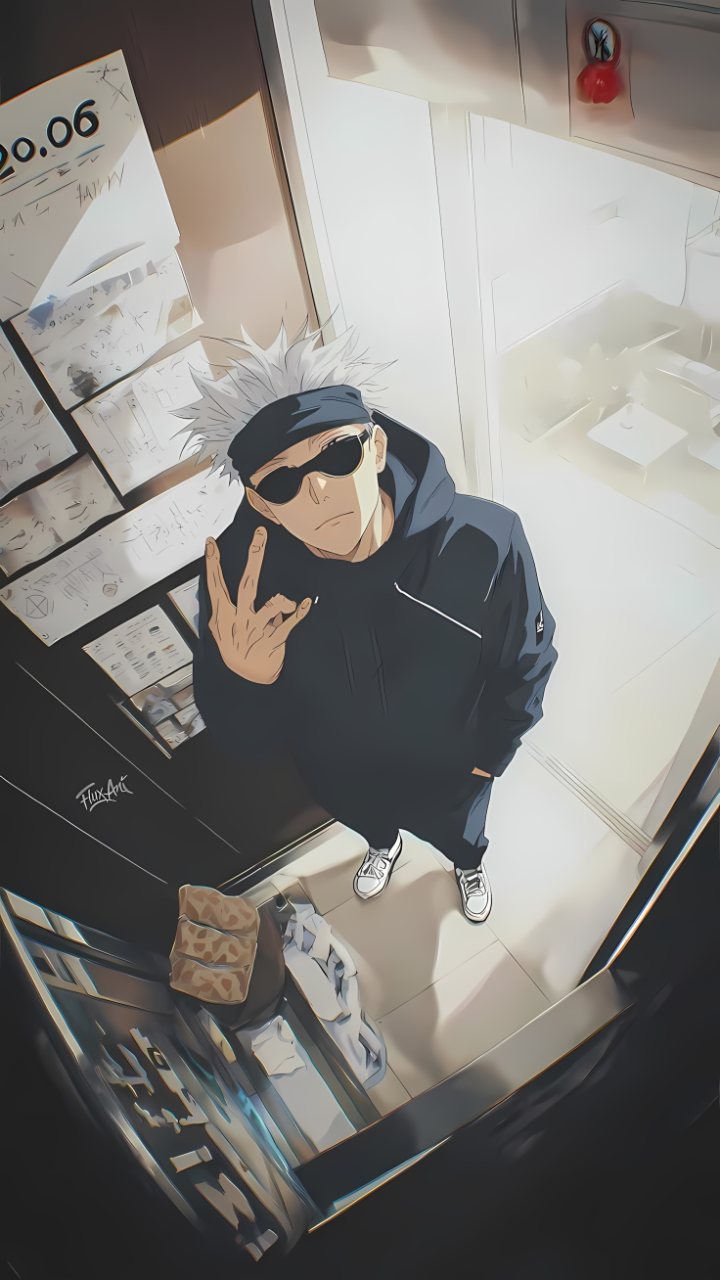Stylized anime portrait of a white-haired man wearing sunglasses, a dark jacket, and sneakers while posing in a bright room.