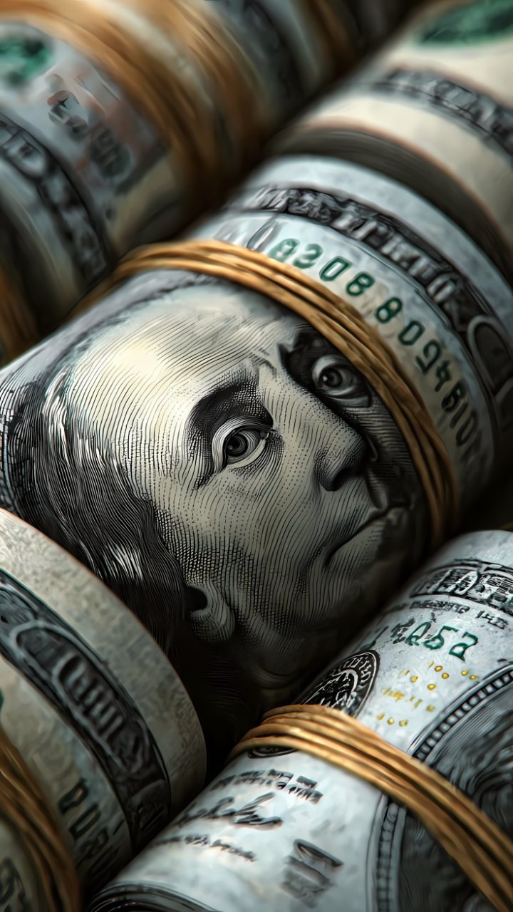 Close-up artistic image of Benjamin Franklin surrounded by rolled U.S. dollar bills with visible currency details.