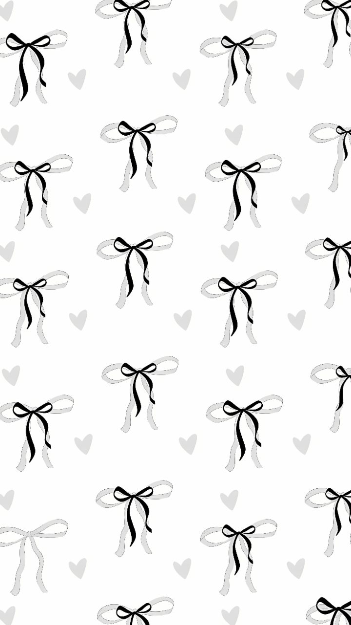 Repeating black and gray ribbon bows with light gray hearts arranged across a white phone wallpaper background.