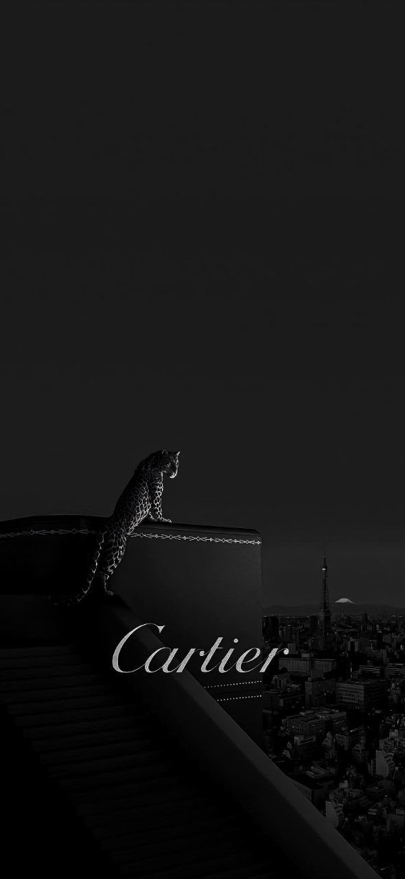 A black and white Cartier panther sits above a dark cityscape, with the Cartier wordmark across the lower center.