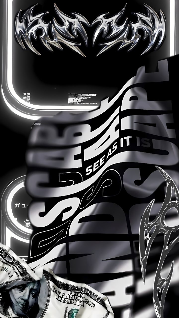 Black and white collage with chrome tribal graphics, oversized abstract lettering, layered typography, and cropped U.S. dollar bill details.