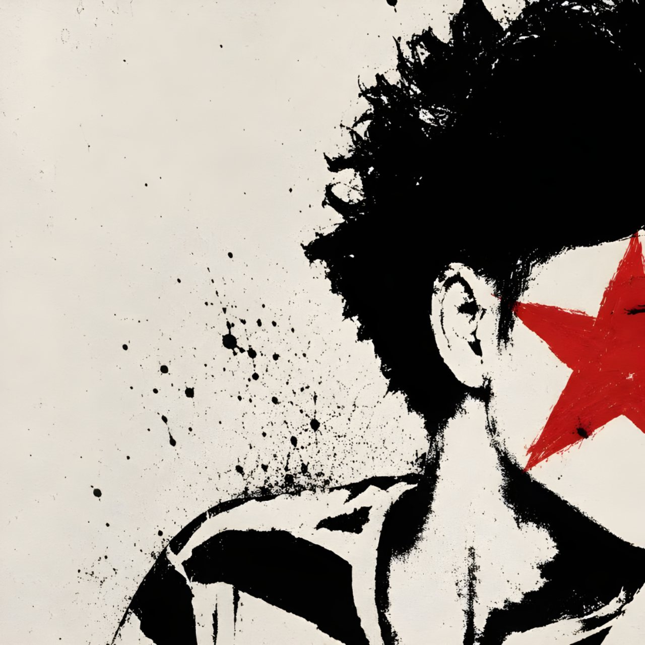 Black and white ink-style portrait profile picture with a large red star behind the subject and scattered black paint splatters.