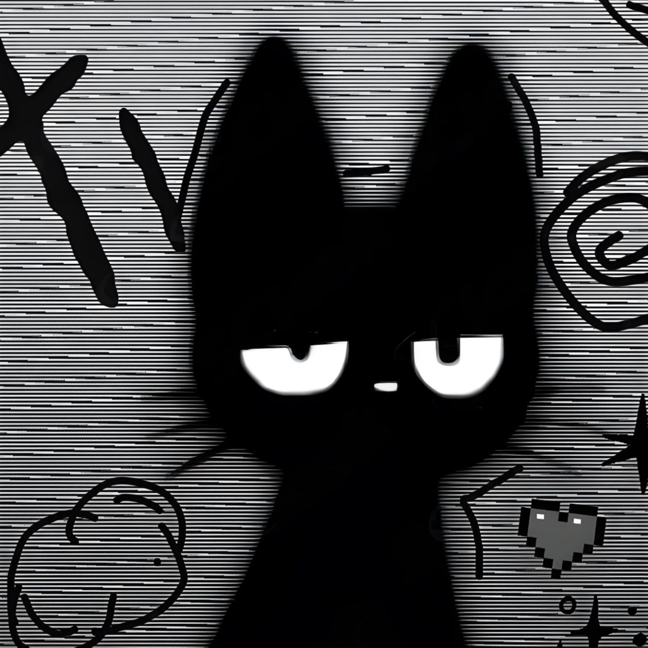 Black cat wearing headphones with bright eyes against a striped monochrome background decorated with playful doodles.