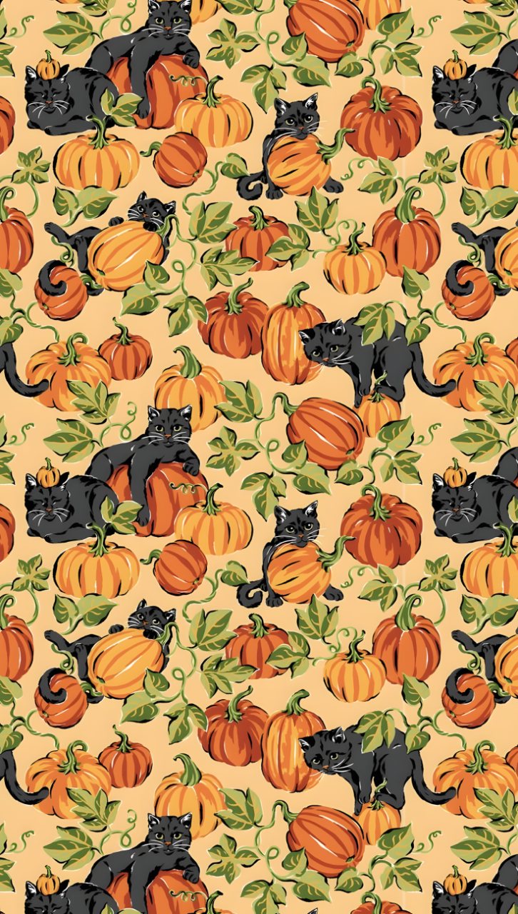Repeating illustrated pattern of black cats, orange pumpkins, and green curling leaves on a warm cream background.