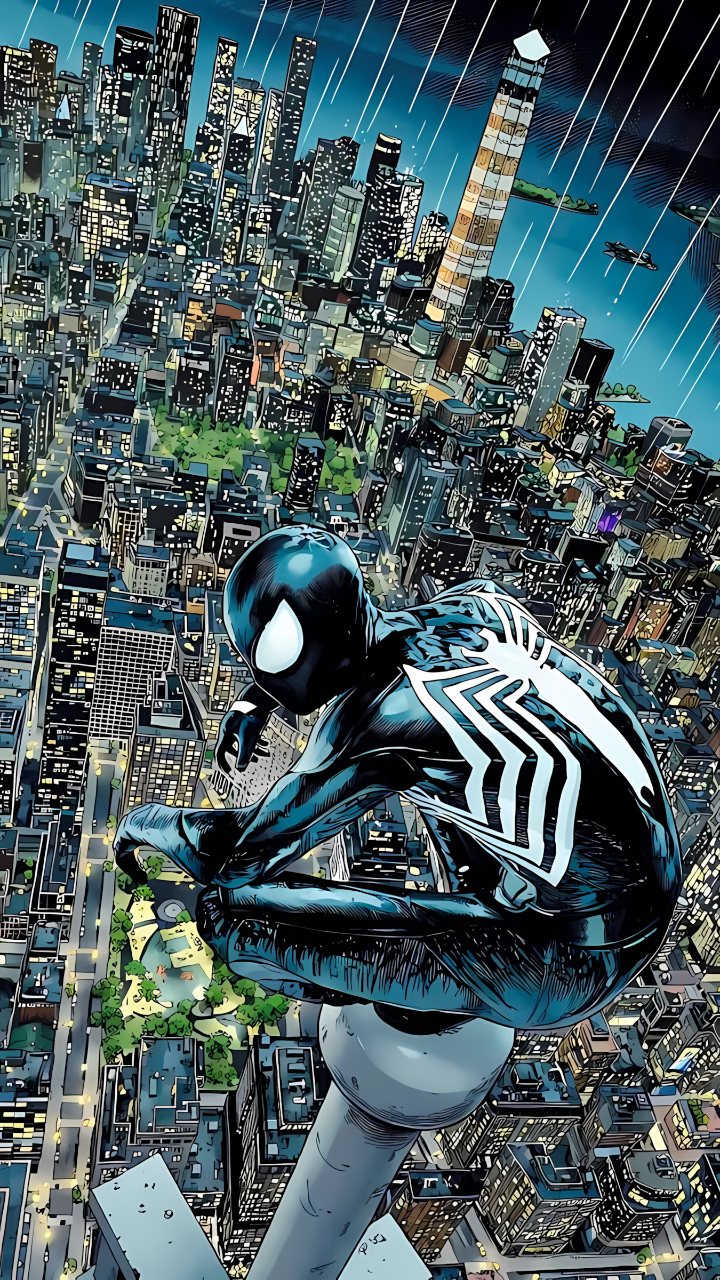 Comic-style black-suited Spider-Man crouches above a dense city skyline in the rain, with illuminated buildings and a tall tower behind him.