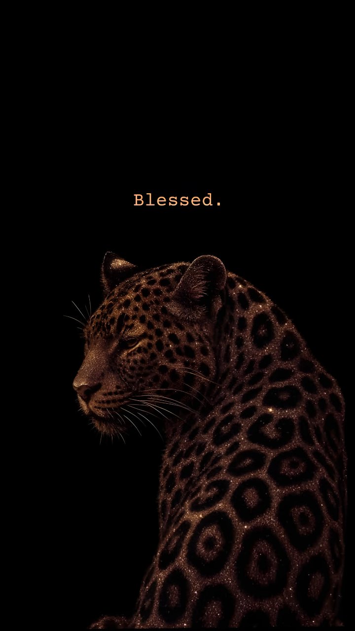 A dark leopard portrait in side profile appears against a black background with the word “Blessed.” above it.