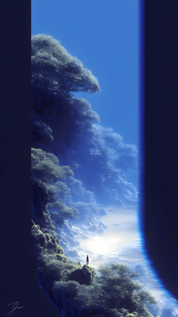 A small solitary figure stands on a forested cliff overlooking bright water beneath a deep blue sky.