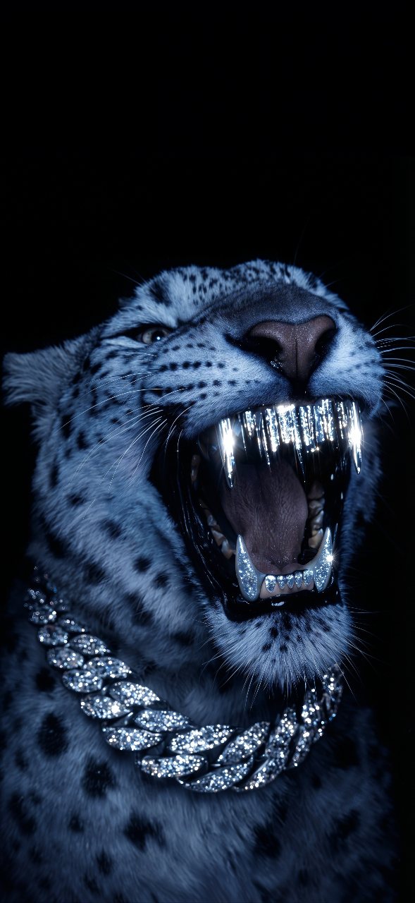 Close-up blue leopard roaring with jeweled teeth and a sparkling diamond chain against a black background.