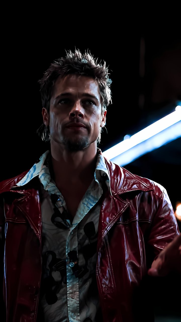 Portrait of Brad Pitt wearing a glossy red leather jacket against a dark background with dramatic blue-white diagonal lighting.