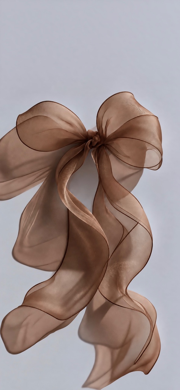 A large translucent brown bow with flowing sheer ribbons against a soft pale gray background.