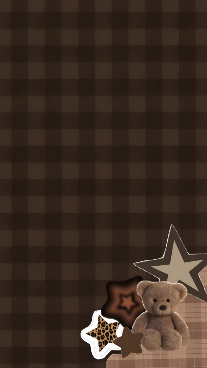 A warm brown plaid collage with a seated teddy bear, layered star shapes, and leopard-print details near the bottom.