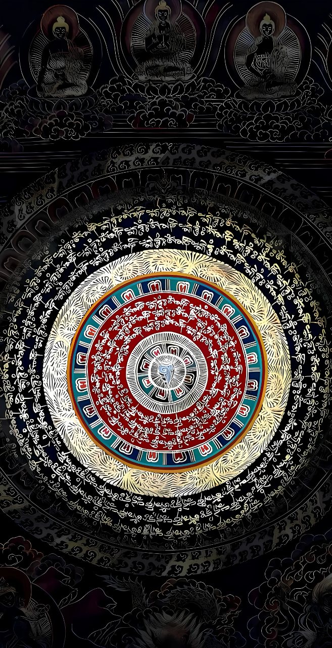Intricate Buddhist mandala with concentric script-filled circles, three meditating figures above, and red, blue, gold, and black ornamental details.
