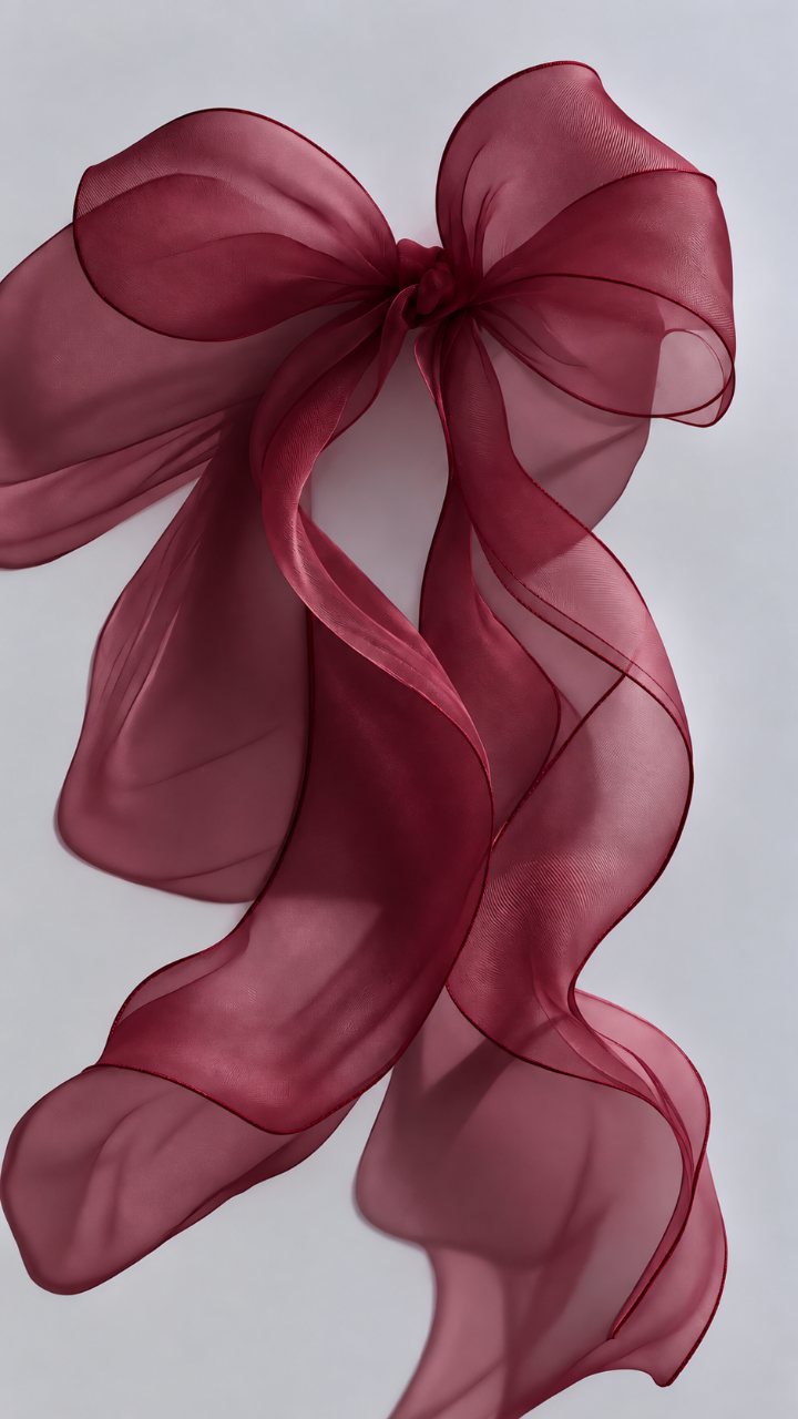 A large burgundy translucent fabric bow with flowing ribbons against a soft light gray background.