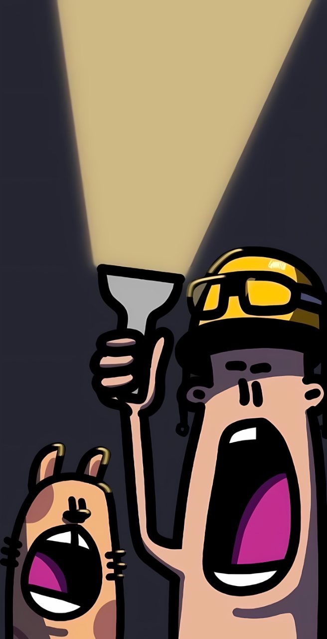 A stylized cartoon character wearing dark glasses holds a flashlight beside a smaller companion against a dark background.