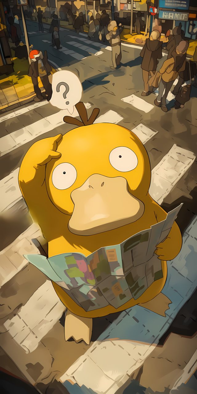 A yellow cartoon duck reads a newspaper on a busy illustrated city street while a question mark appears above its head.