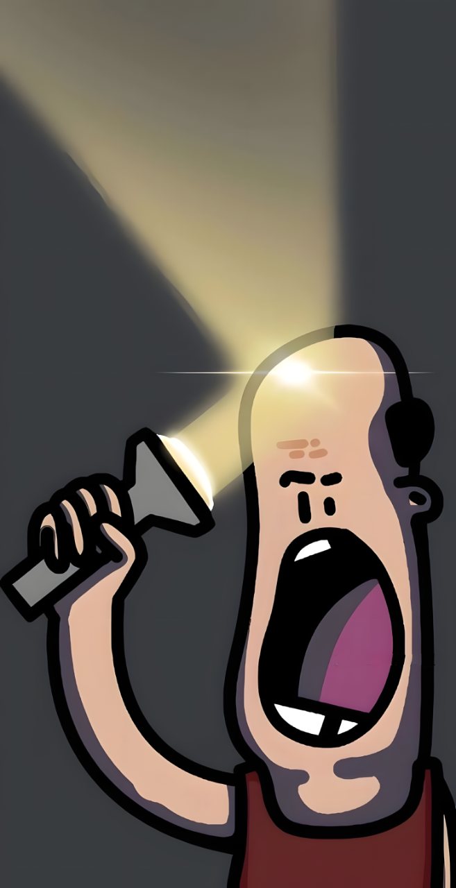 Cartoon bearded singer holding a microphone and performing beneath a warm spotlight against a dark background.