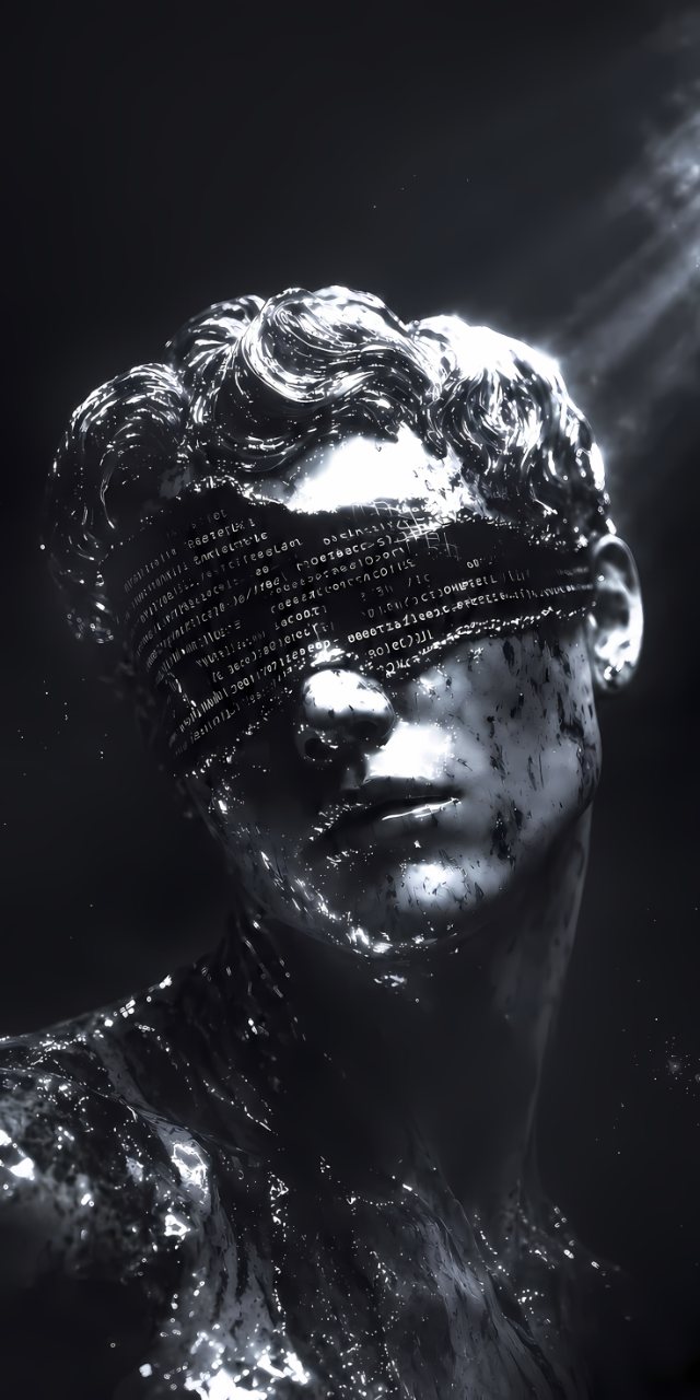 Reflective chrome portrait of a classical statue with bright highlights and code-like lettering across the face against a dark background.