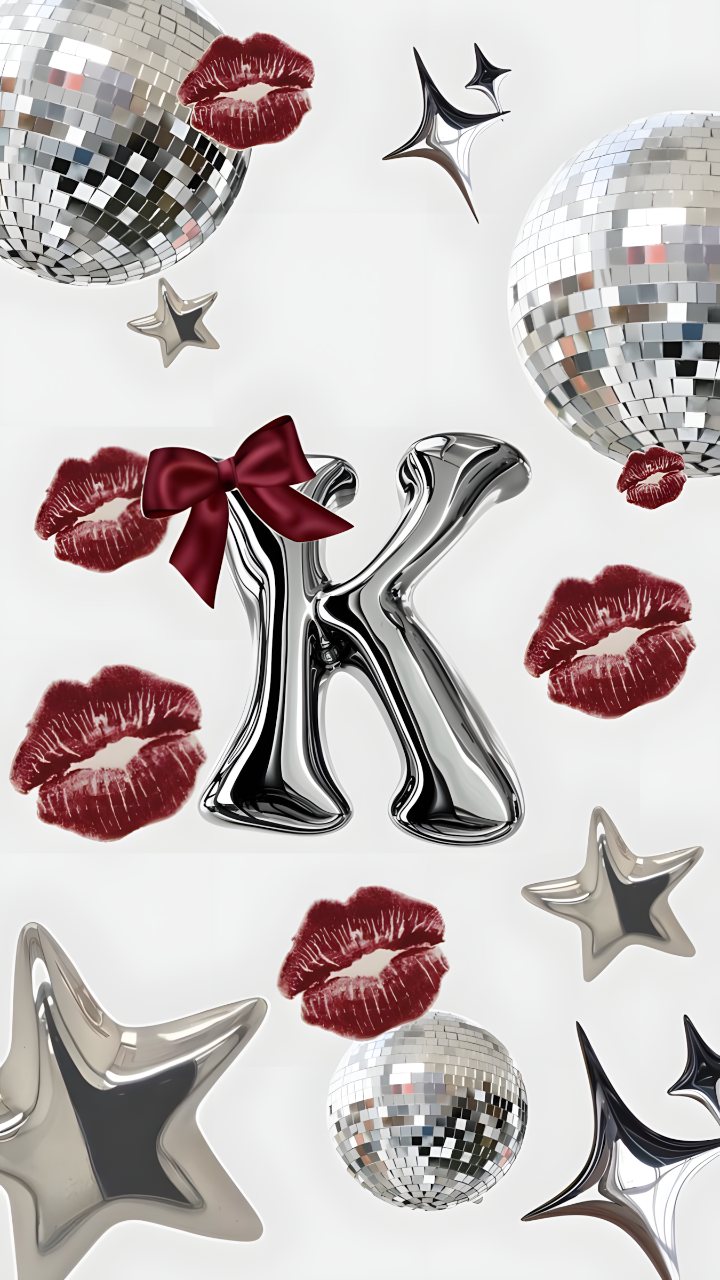 Glossy chrome letter K surrounded by disco balls, red lipstick prints, a burgundy bow, and metallic stars on a white background.