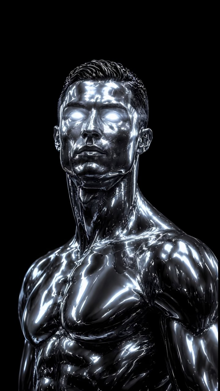 Reflective chrome statue of a muscular male figure against a solid black background.