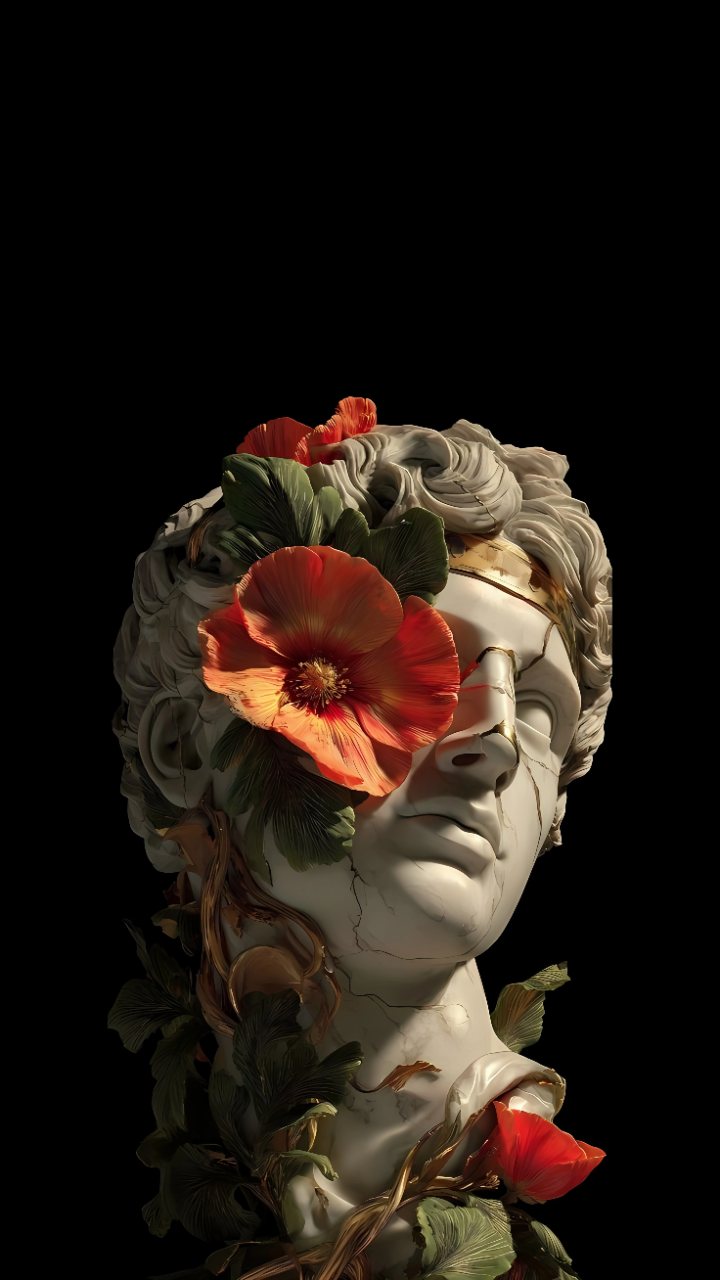 Classical Statue Bust Red Poppies