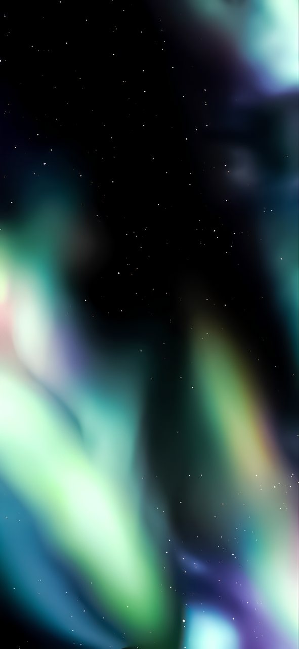 Abstract dark wallpaper with tiny white stars and blurred teal, blue, green and purple light flowing across the phone-sized background.