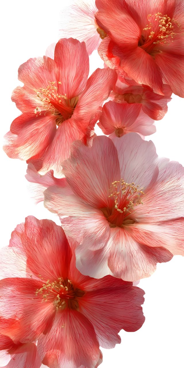Several coral, pink, and red hibiscus flowers arranged vertically against a clean white background.