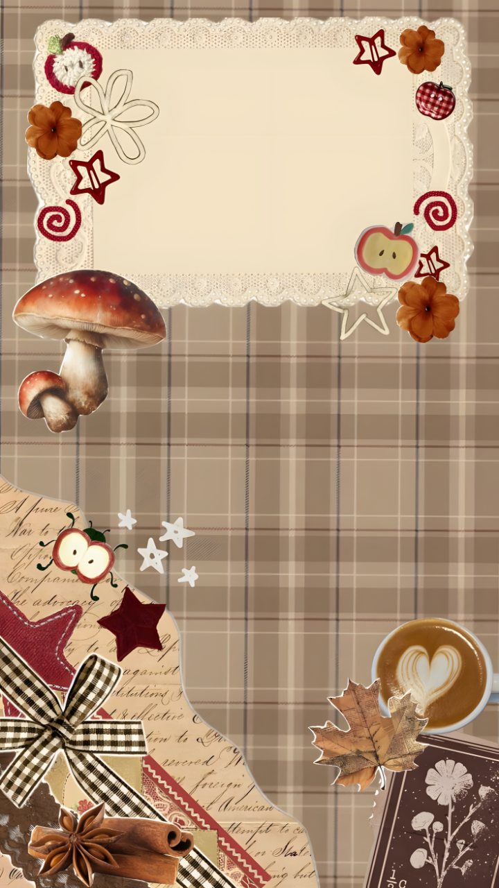 Cozy autumn collage on a plaid background with coffee, mushrooms, apples, flowers, leaves, cinnamon, ribbon, and handwritten paper details.