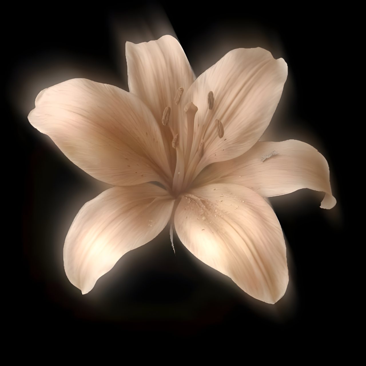 A softly glowing cream-colored flower with six petals centered against a black background.