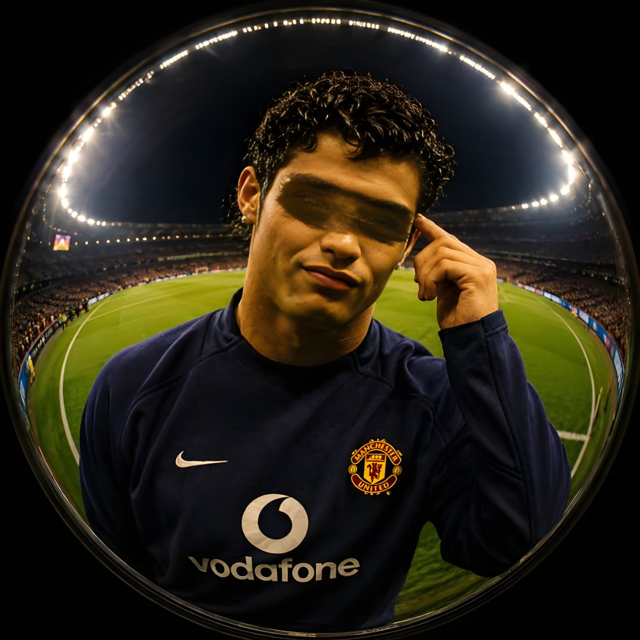 Cristiano Ronaldo wearing a Manchester United Vodafone shirt in a brightly lit football stadium, shown inside a circular frame.