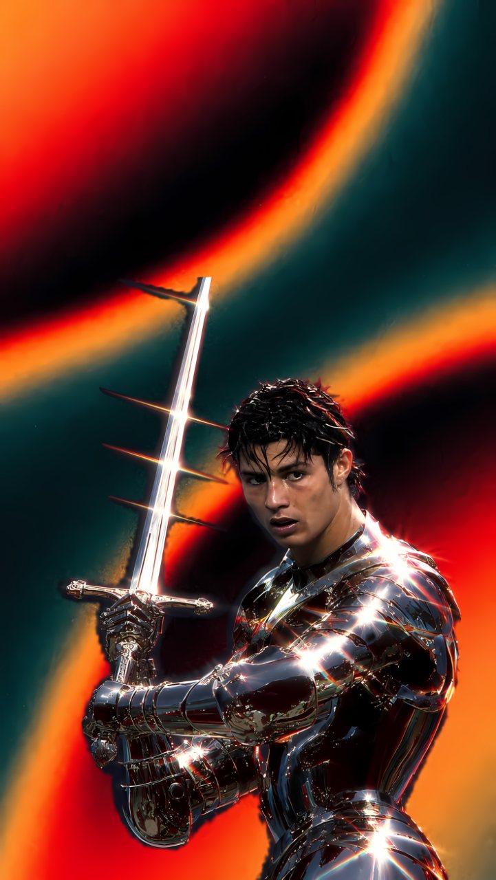 Stylized portrait of Cristiano Ronaldo in reflective futuristic knight armor holding a bright sword against swirling red, orange, black, and teal light.