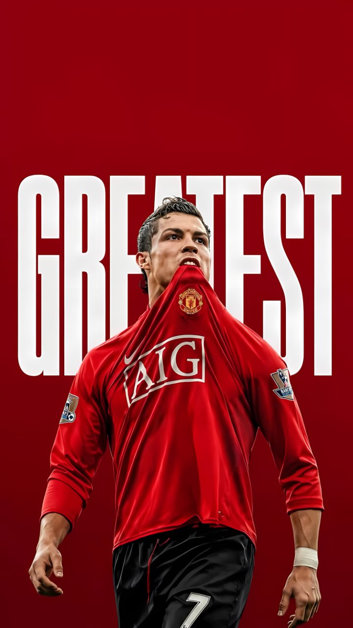 Cristiano Ronaldo wearing a red Manchester United number 7 jersey in front of large white Greatest lettering on a deep red background.