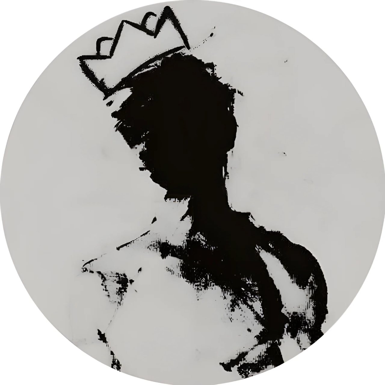 Black and white circular profile image showing a crowned human silhouette with a rough ink-like texture.