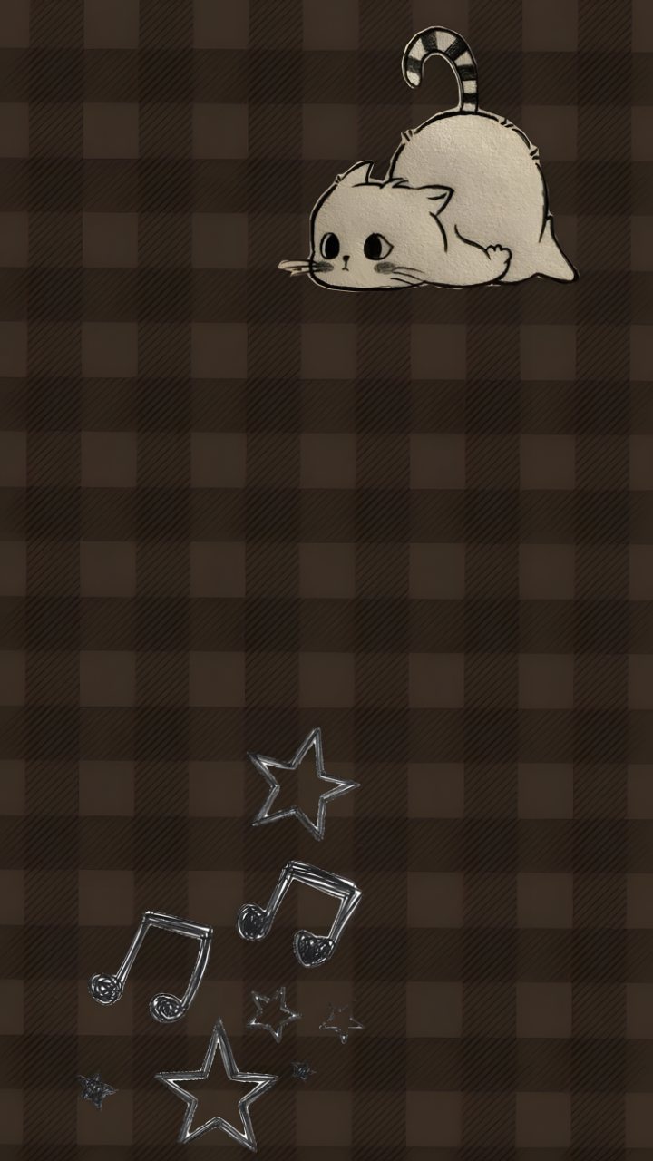 A sleepy white cat lies on a dark brown checkered background above hand-drawn silver stars and music notes.