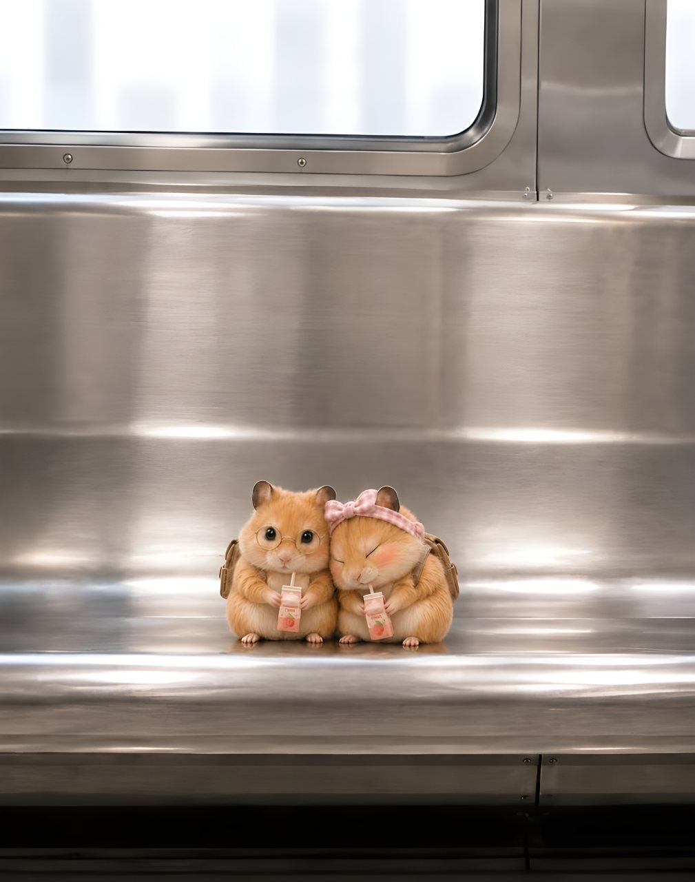 Two cute orange hamsters sit together inside a stainless steel subway car, sharing small drinks while one wears a pink bow.