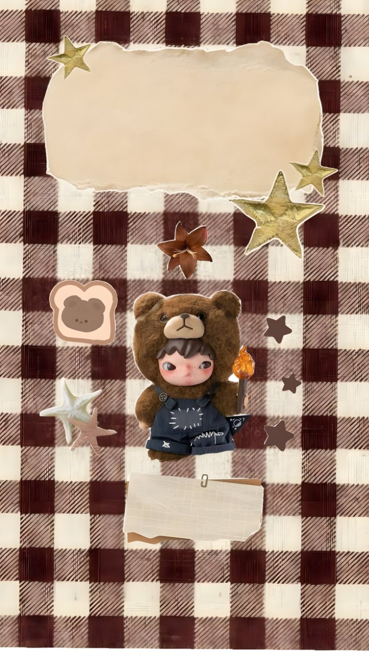 Cute childlike character wearing a teddy bear hood and overalls, surrounded by stars, flowers, paper notes, and a burgundy checkered background.