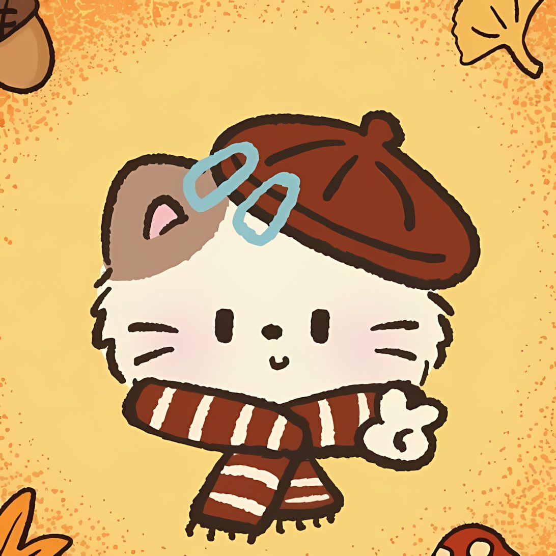 Cute illustrated cat wearing a red winter hat and striped scarf against a warm yellow retro background.