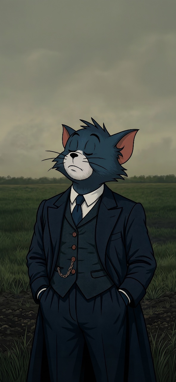 A blue cartoon cat wearing a dark three-piece suit stands in a grassy field beneath a cloudy gray sky.