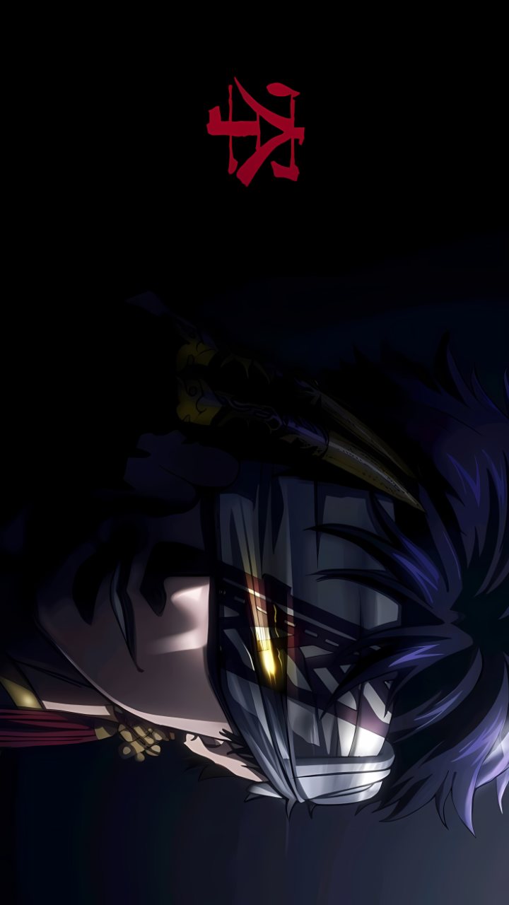 Dark anime swordsman with blue hair and a face mask, shown beneath a red symbol against a nearly black background.