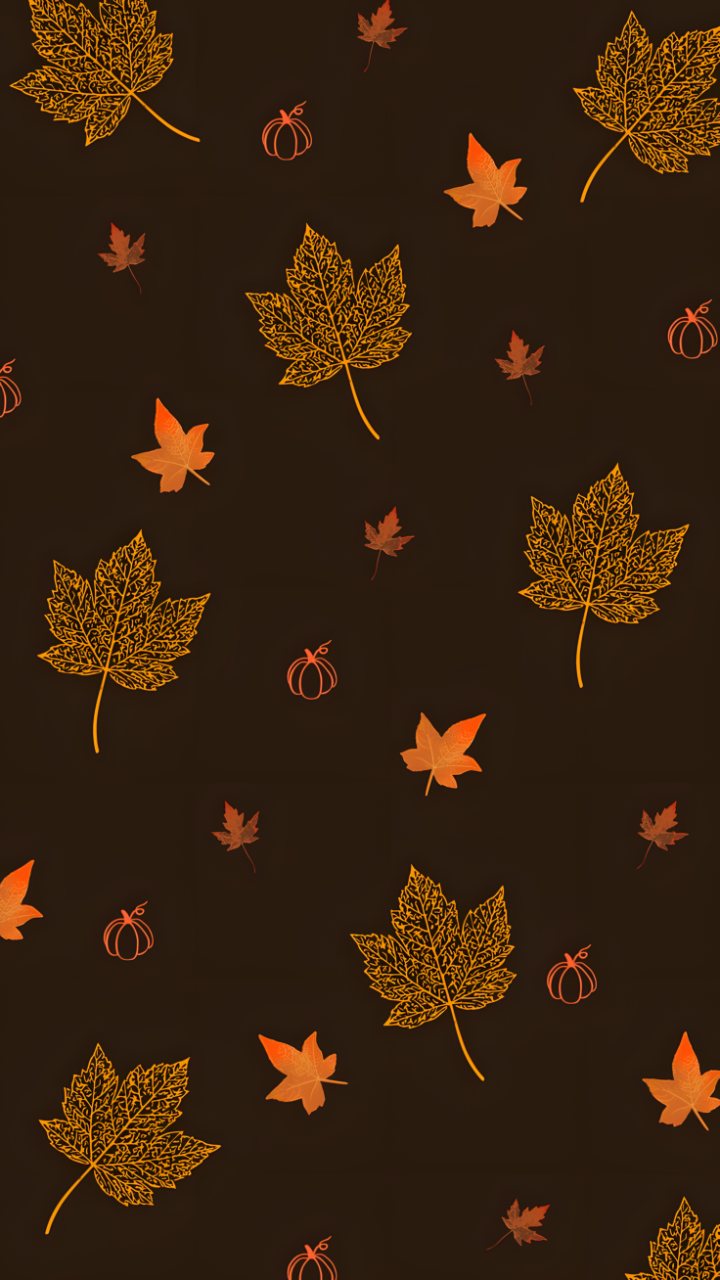 Dark brown phone wallpaper with orange maple leaves, outlined golden leaves, and small pumpkin illustrations scattered across the background.