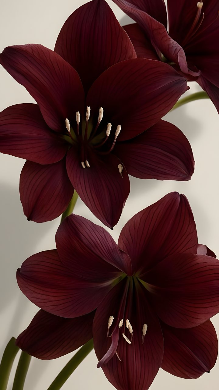 Close-up of two dark burgundy lily flowers with pale stamens against a soft neutral background.