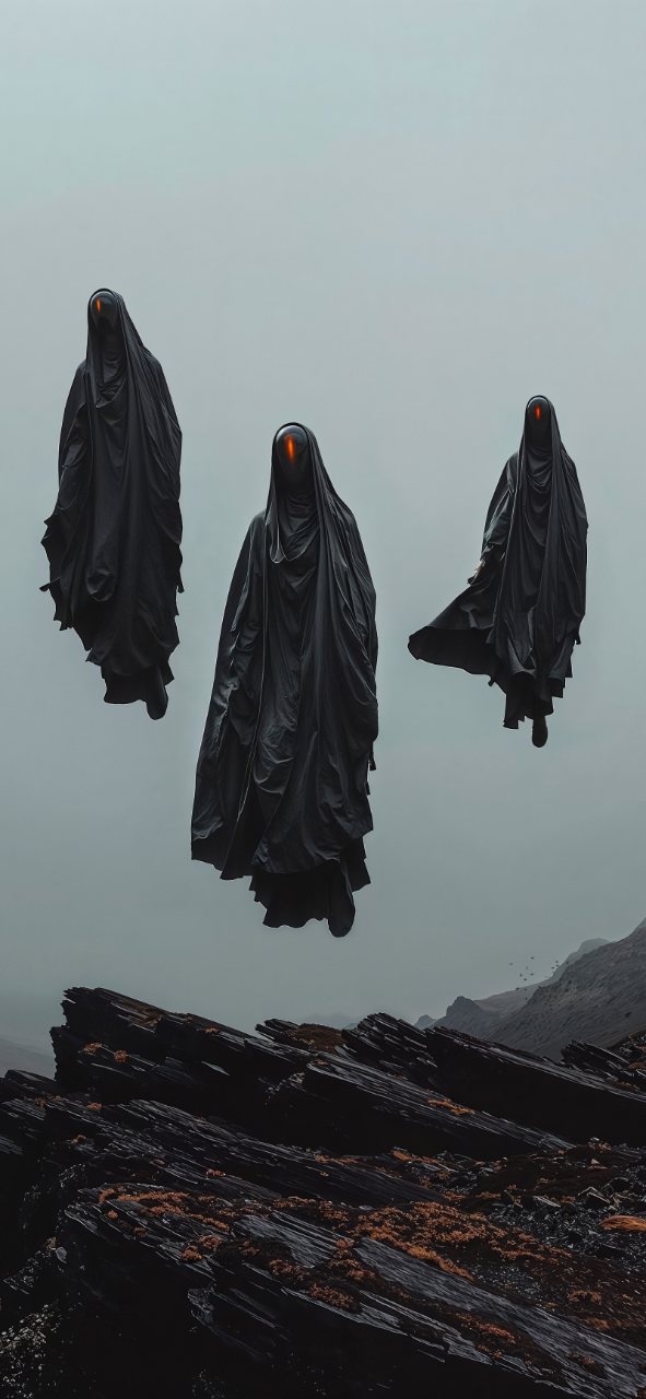 Three black hooded figures with glowing orange eyes float above jagged dark rocks under a muted gray sky.